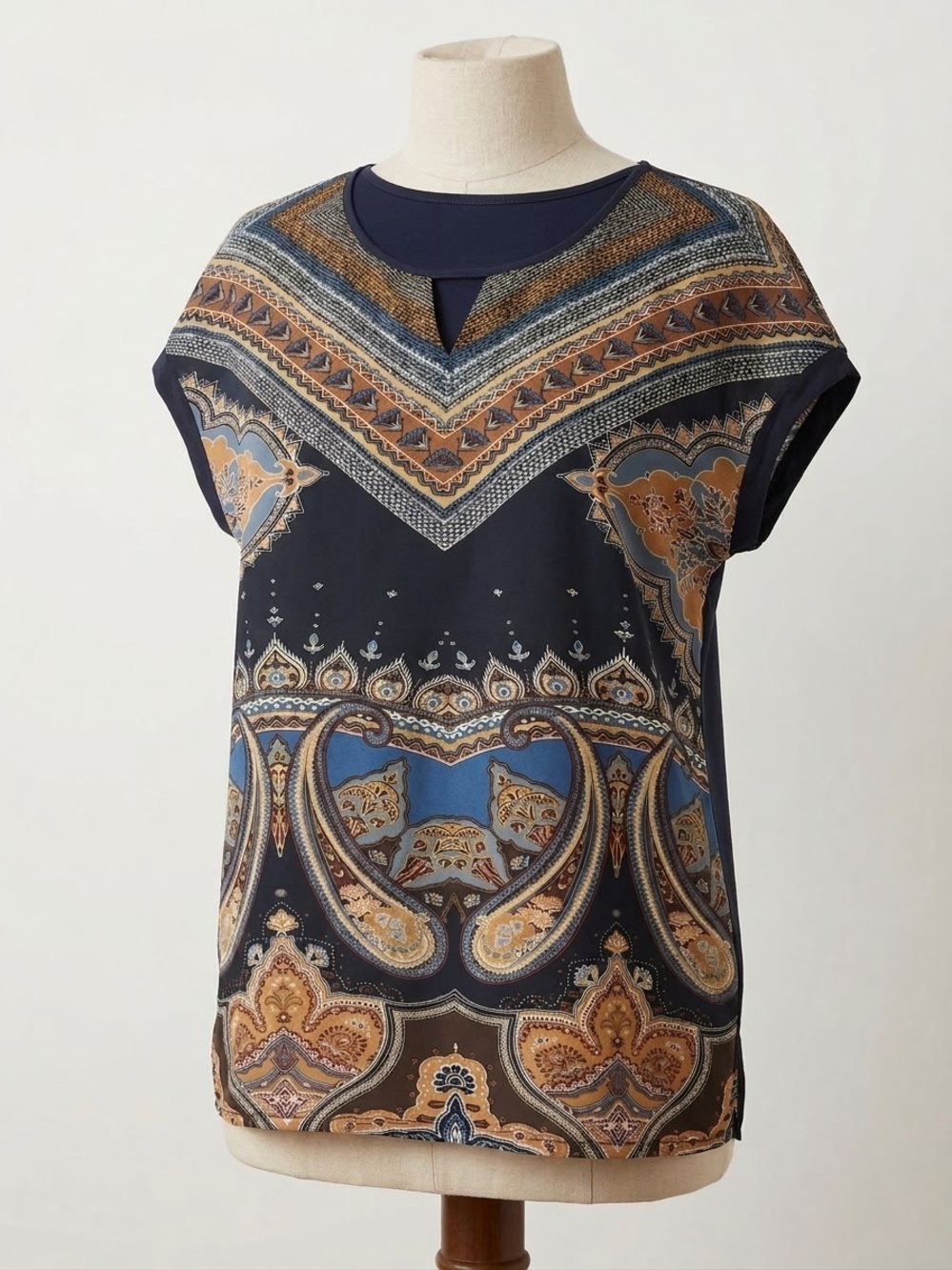 Paisley-Print Short Sleeve Top in Navy with Blue and Brown Accents